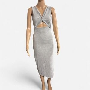Grey Ribbed Knit Twist Front Cutout Midi Dress Sleeveless Bodycon Side Slit